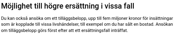 Text om möjlighet till högre ersättning vid insättningsgaranti, med exempel på livshändelser som gäller för tilläggsbelopp, upp till fem miljoner kronor.