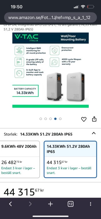 Batteri från V-TAC med 14,33 kWh kapacitet, 51,2V, 280Ah, och IP65-klass. Pris 44 315,67 kr. Kombination av skydd och lång livslängd.