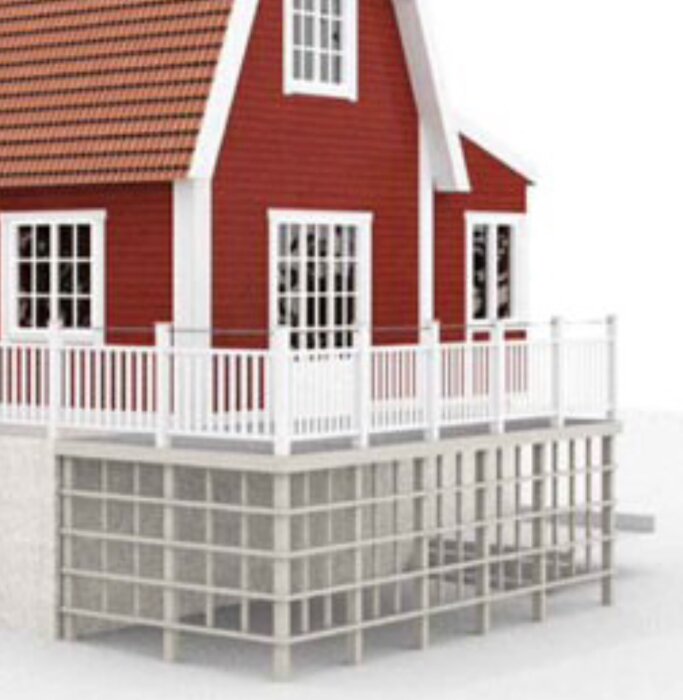 Ritning av en husutbyggnad med röd fasad, vit altan med räcke och spaljé under.