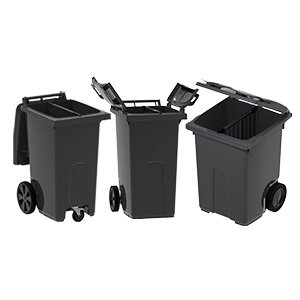 Soptunnor med öppna lock som visar olika öppningssätt, med fokus på mittenlösningen.