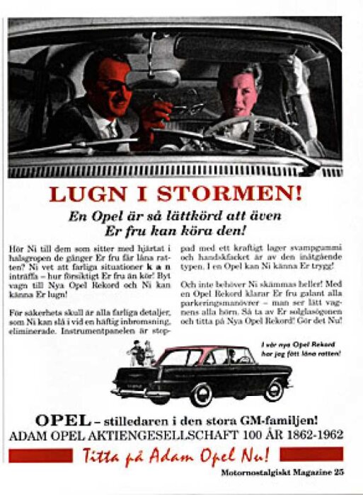 Två personer i en bil, reklamaffisch för Opel med texten "Lugn i stormen! En Opel är så lättkörd att även Er fru kan köra den".