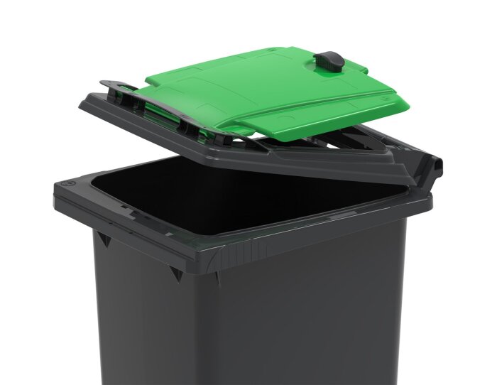 Grå soptunna med grönt lock som öppnas från båda sidor.