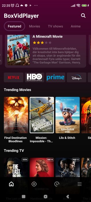 BoxVidPlayer-app som visar film- och TV-serierekommendationer inklusive "Final Destination Bloodlines" och "The Last of Us".