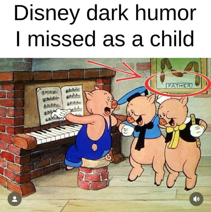 Tecknad bild med tre små grisar, varav en spelar piano. En röd pil pekar på en bildram med nappar där det står "Father".