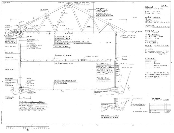 Arkitektritning av suterränghus från 1974, visar konstruktionen av golvplatta och isolering, med specifikationer och detaljerade mått.