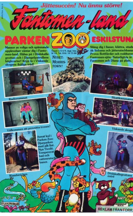 Affisch för Fantomen-land på Parken Zoo, Eskilstuna, med bilder av Fantomen, Dödsstallegrottan och olika djur.