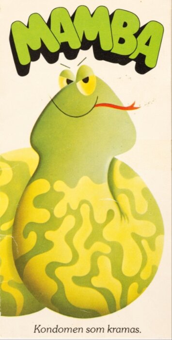 Tecknad illustration av en ormliknande figur med ett stort leende och tungan ute. Texten "Mamba" står ovanför i grön färg. Under står "Kondomen som kramas.