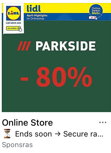 Reklam för Lidl med texten "Parkside -80%". Online-erbjudande med slutdatum nämnt.