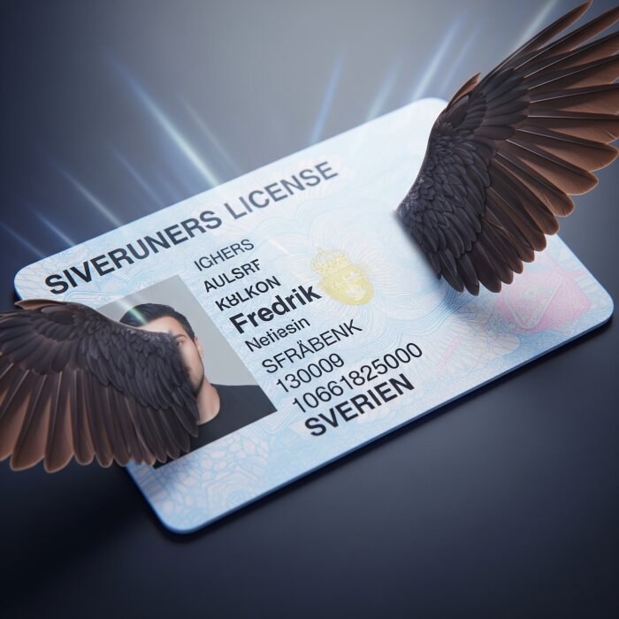 Ett körkort märkt "Siveruners License" med svarta vingar ses flyga iväg.