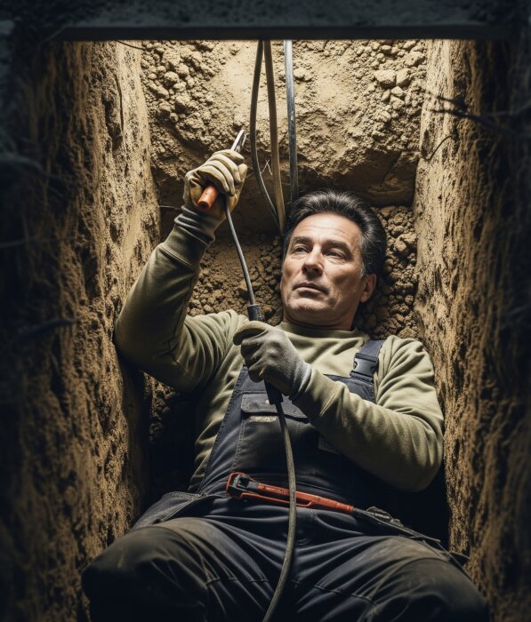 Arbetare i skyddskläder ligger i en grop och granskar kablar, ser fundersam ut.