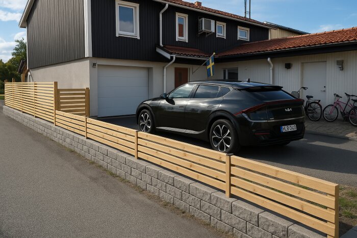 Träplankstaket på mur framför ett hus med garage, bredvid en parkerad svart bil och cyklar, samt en svensk flagga på verandan.