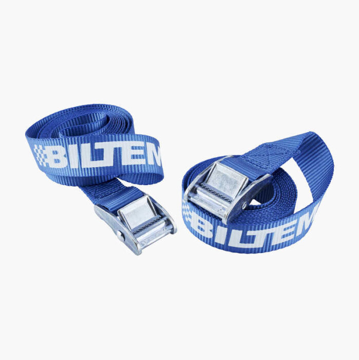 Blå spännband med metallspänne, märkt "BILTEMA", lämpliga för att säkra objekt som ska tåla vinterväder och vuxen vikt.
