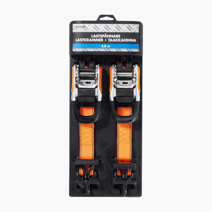 Spännband med spärrmekanism, märkta "Lastspännare 4,8 m", i förpackning. Passande för att säkra last eller projekt som att fästa en gunga.