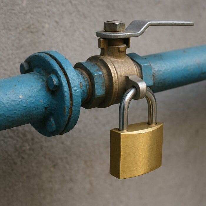 Hänglås säkrar en metallventil på ett rör, bakgrund av betongvägg.