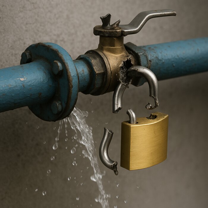 Läckande vattenrör med ett trasigt hänglås runt ventilen.