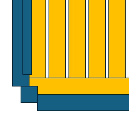 Hörn av altan med gul frisbräda i vinkel och anslutande blåa brädor, som illustrerar lösning för tröskelplåt och justering av altanhöjd.
