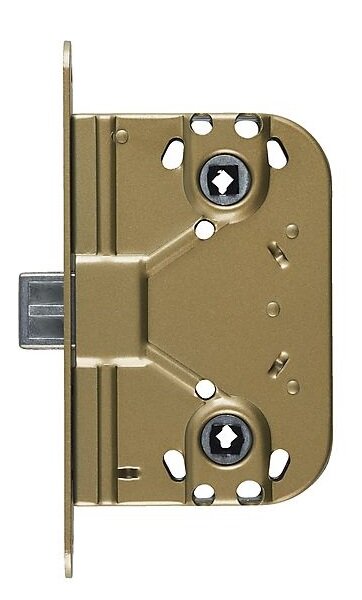 ASSA 414 låshus i metall med skruvar och hål, visat från sidan.