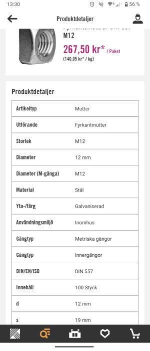Fyrkantsmutter M12 av galvaniserat stål, innergänga enligt DIN 557, pris 267,50 kr för 100 stycken.
