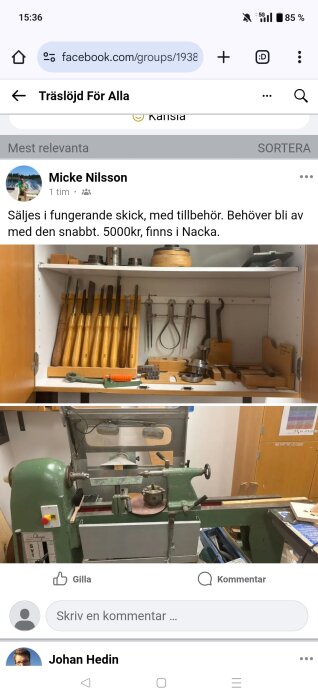 Kärl med träverktyg och tillbehör på en hylla ovanför en grön maskin i en verkstad.