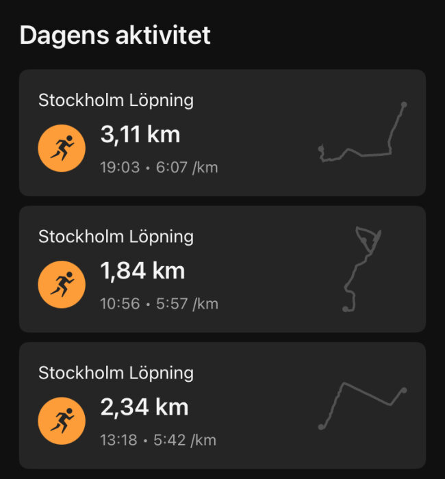 Tre löpaktiviteter från Stockholm listas med distanser, tider och ruttkartor: 3,11 km, 1,84 km, 2,34 km.