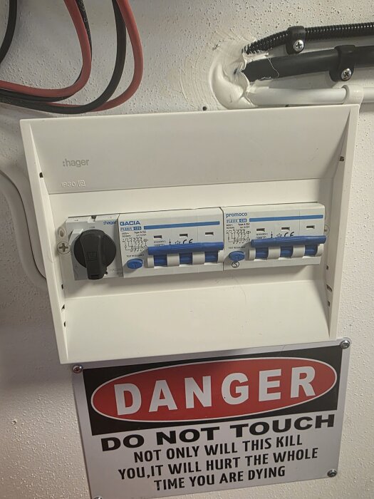 Elcentral med mätare och kablar, monterad på en vägg. En varningsskylt med texten "DANGER DO NOT TOUCH" är fastsatt under den.