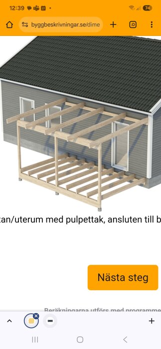 3D-modell av en halvfärdig altan med takstomme, monterad på ett hus med grå fasad och svart tak.