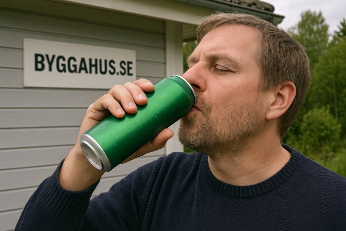 Man dricker från en grön burk framför en byggnad med skylten "BYGGAHUS.SE".