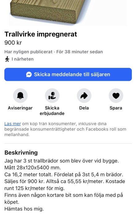 Träbit av impregnerat trallvirke med synlig ådring, mått 28x120x5400 mm, säljs online för 900 kr.