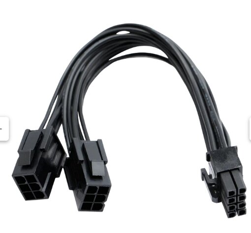 Svart PCIe-strömkabel med två honkontakter och en hankontakt, används för att ansluta datorns nätaggregat till olika komponenter.