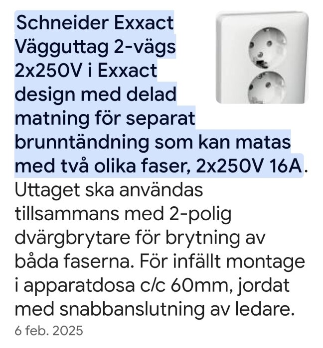 Dubbelt vägguttag i Schneider Exxact design för 2x250V, 16A, med delad matning för separata faser. Avsett för infällt montage och snabbanslutning.