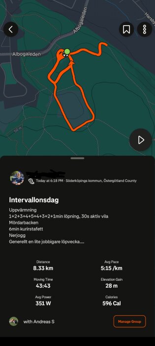 Karta över löprunda i Östergötland, 8.33 km, 43:43 min, 5:15 min/km tempo. Inlägg om intervallträning, uppvärmning och löpvecka.