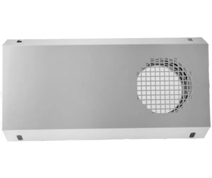 Vit kombidon för från- och tilluftsventilation, sett framifrån med ett cirkulärt galler till höger.