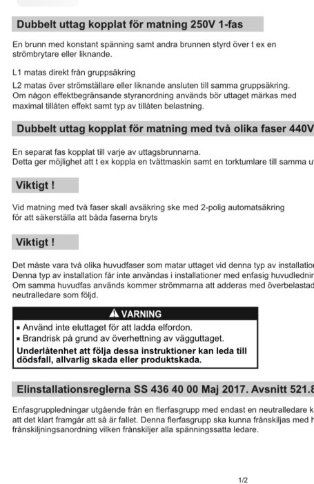 Instruktioner och varningar för eluttag med dubbla faser, inklusive säkerhetsföreskrifter vid installation och användning.