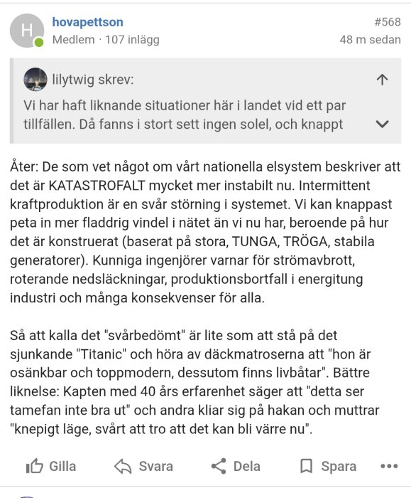 Text från ett diskussionsforum om energisystemets instabilitet och varningar från ingenjörer om konsekvenser vid strömavbrott.