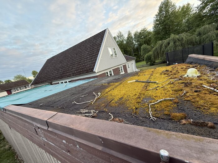 Gammalt garage med slitet tak täckt av mossa och grenar, bredvid ett hus med brunt tegeltak. Taket har pressenning och behöver repareras.