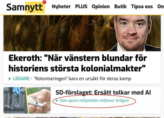En skärmdump av Samnytts webbplats med rubriker om kontroversiella uttalanden och förslag att ersätta tolkar med AI.