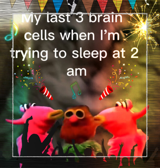 Tre färgglada karaktärer dansar framför text med festlig dekor och fyrverkerier, siluetter av människor syns i nedre delen av bilden.