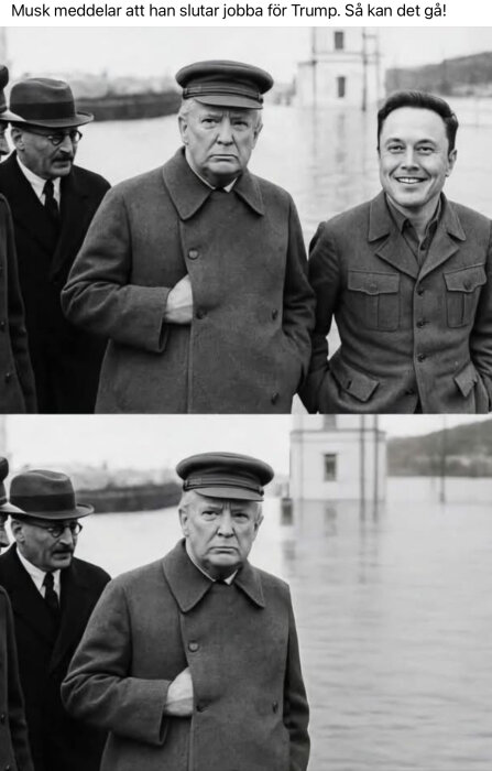En man i uniform och en glad man står vid översvämmat område. Text: "Musk meddelar att han slutar jobba för Trump.