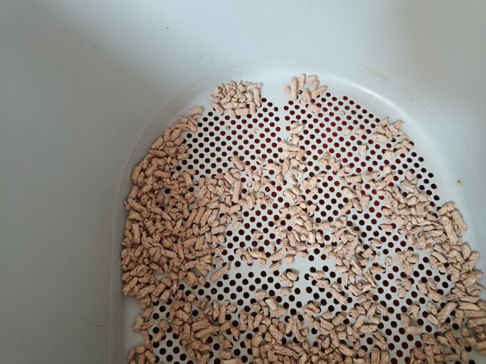 Pellets i en hålad pewee-låda, används som billig kattlådefyllning men kan kräva mer rengöring och passar inte alla katter.