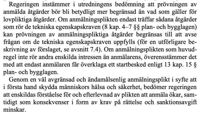Bild av ett textstycke från ett juridiskt dokument som diskuterar begränsningar av anmälningsplikt för åtgärder relaterade till tekniska egenskapskrav.