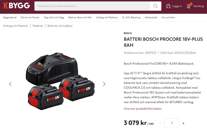 Produktbild av Bosch ProCORE18V 8.0Ah batteripack med laddare, visas på K-Byggs webbsida.