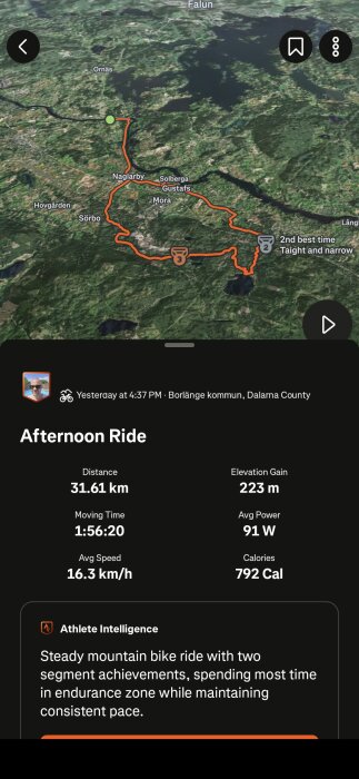 Karta över cykeltur i Dalarna, visar en rutt på 31,61 km med information om tid, hastighet och kalorier förbrukade under färden.