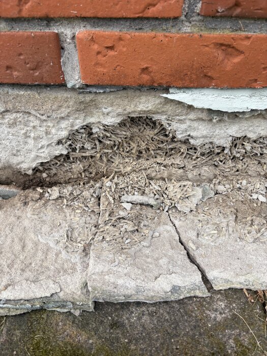 Putsen på en husgrund har släppt, synlig spricka och blottade material under röd tegelvägg från ett enplanshus byggt 1965.