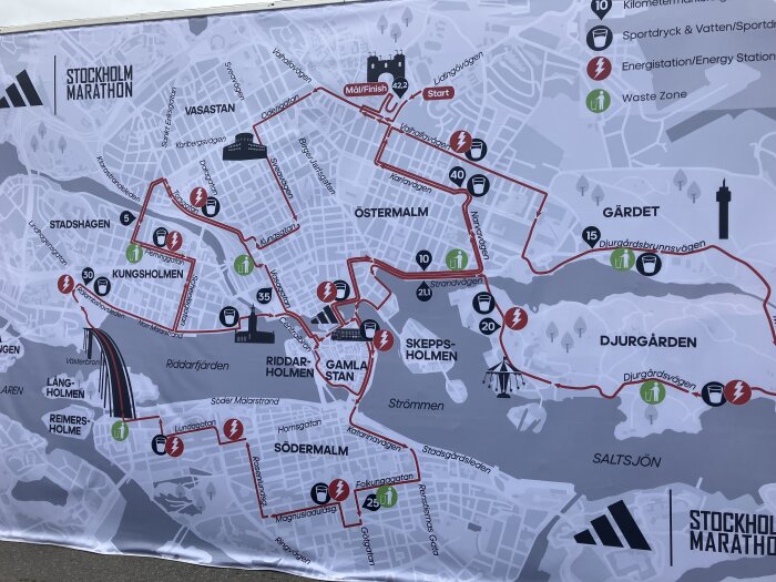 Karta över Stockholm Marathon med markerade stationer för sportdryck och energitillskott längs loppets bana genom centrala Stockholm, inklusive Kungsholmen och Djurgården.