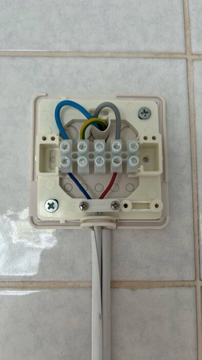 Elinstallation med blå, röd, grå och jordad kabel kopplade till sockerbit på en platta mot kaklad vägg.