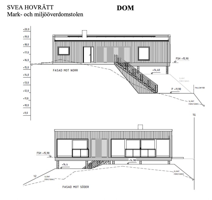 Ritning av en byggnad planerad på en sluttande tomt, med visad höjdskillnad och förstärkta slänter. Ej godkänt bygglov enligt MÖD dom P 10952-24.