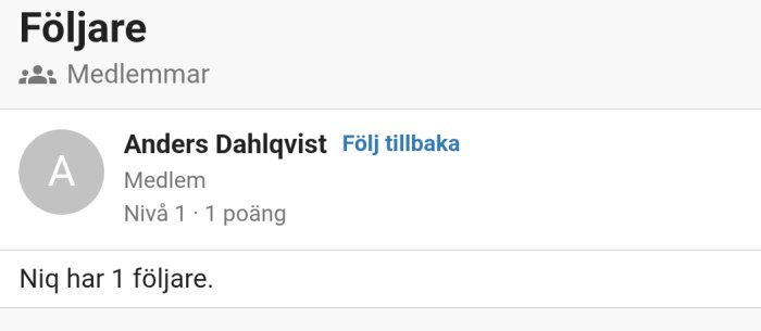 Profilen visar Anders Dahlqvist som följare på en plattform, med valet att följa tillbaka, tillsammans med information om medlemsnivå och poäng.