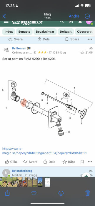 Exploderad ritning av kraninstallation med olika numrerade delar, där nummer fem är markerat i rött.