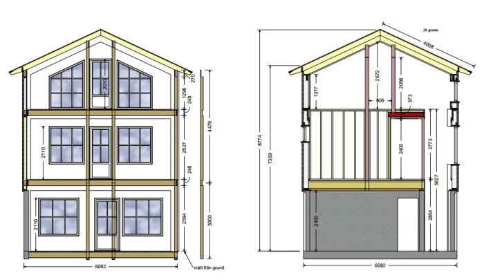 Ritning av ett trevåningshus med måttangivelser för höjd och bredd, inklusive snitt genom huset som visar bjälklag och rumshöjd.