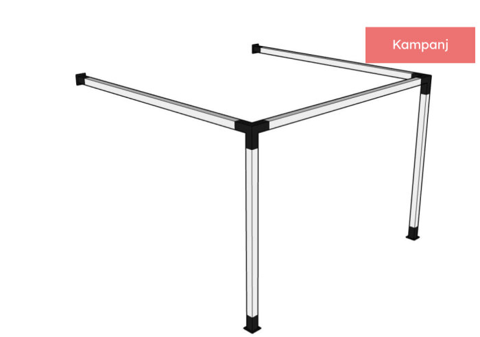 Svartvit illustration av en enkel pergolakonstruktion med tre stolpar och balkar.